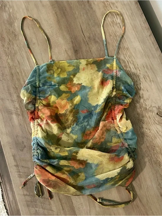 Urban Outfitters Floral Ruched Cami Top Mesh Sheer Side Tie XS - Picture 2 of 6